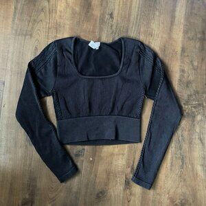 OffLine by Aerie Ribbed Long Sleeve Crop Top Black M Medium Athleisure Cozy